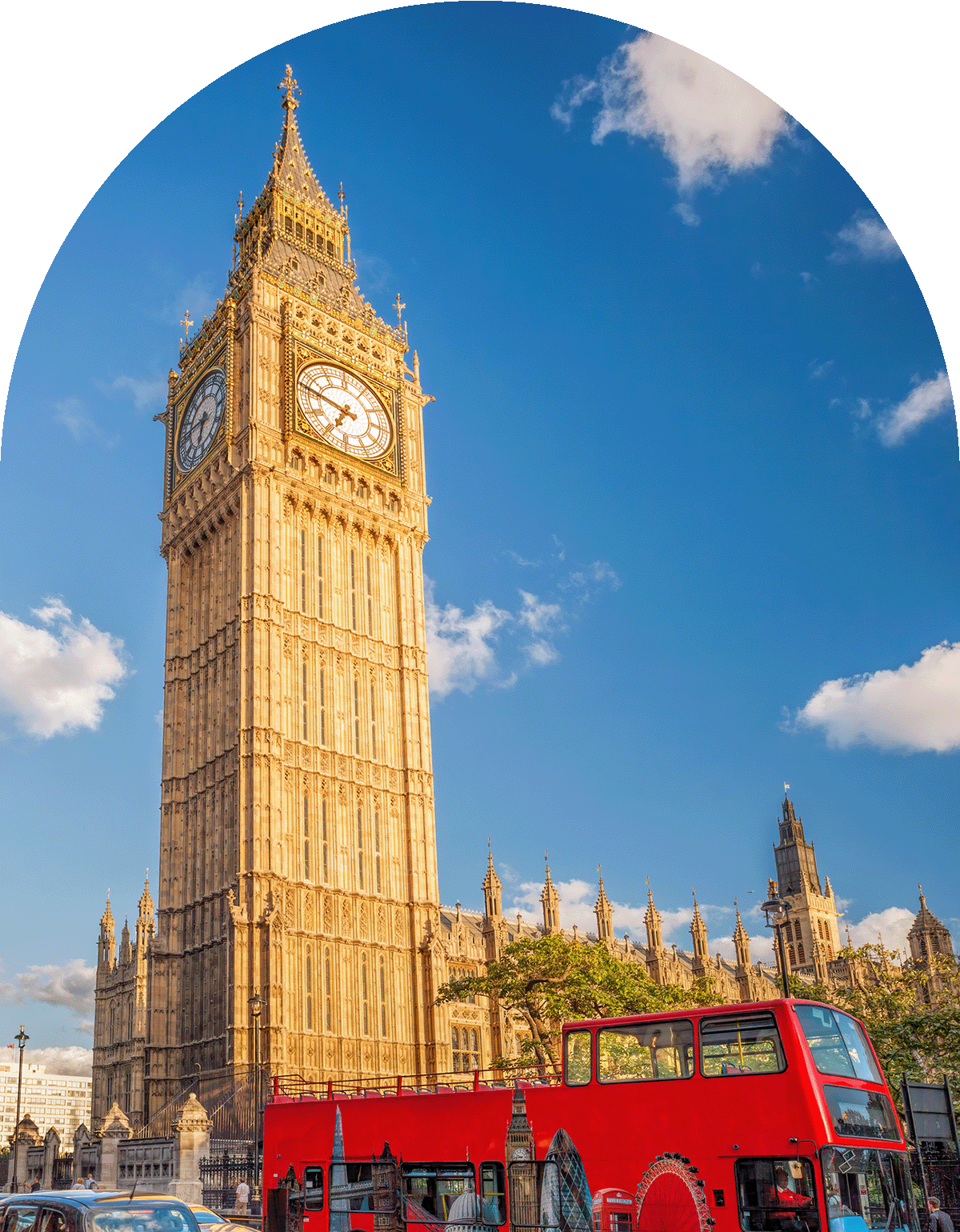 イギリス、ロンドンのビッグベンと二階建てバス